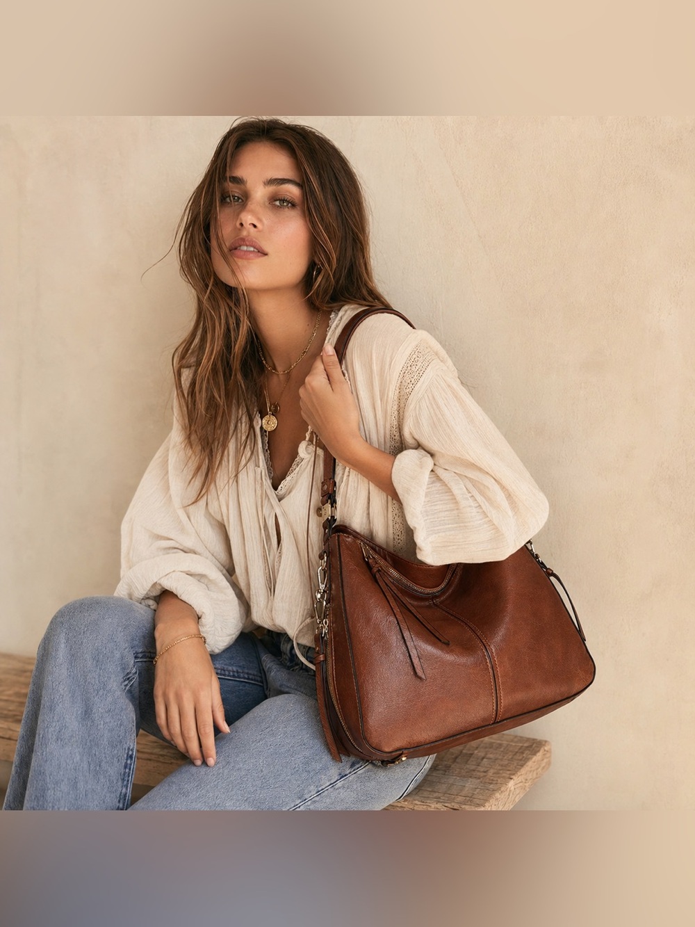Brown Faux Leather Slouchy Hobo Shoulder Bag NWT Side Pockets Crossbody Strap